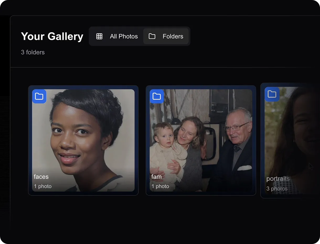 Restory gallery interface showing organized family photos in folders